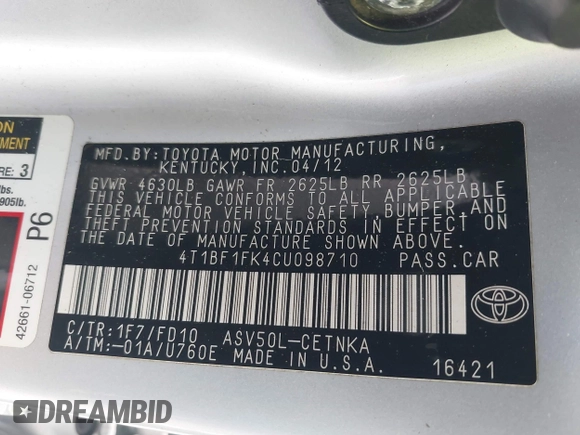 2012 Toyota Camry L with VIN 4T1BF1FK4CU098710, listed as a IAAI auction lot 41945757 with 102,578 mi miles. Bid and sale history available at carsss.com. Image 9.