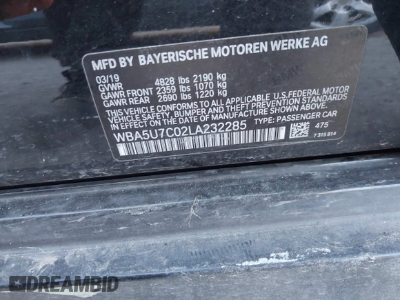 2020 BMW 3 Series M340i with VIN WBA5U7C02LA232285, listed as a IAAI auction lot 41373325 with 68,320 mi miles and . Bid and sale history available at DreamBid. Image 9.