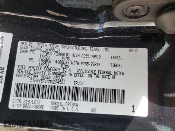 2021 Toyota Tundra SR with VIN 5TFRY5F1XMX294503, listed as a Copart auction lot 53935265 with Not provided miles and Non repairable. Bid and sale history available at DreamBid. Image 13.