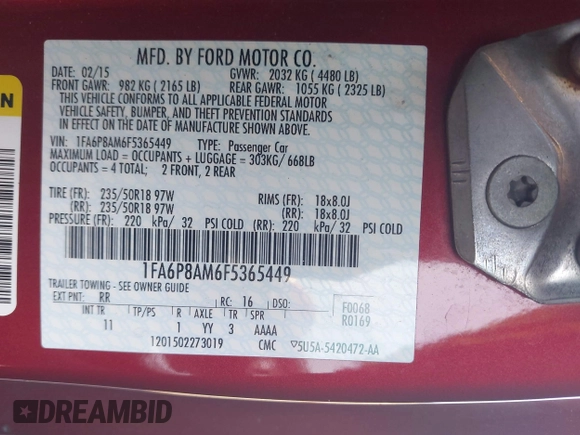 2015 Ford Mustang V6 with VIN 1FA6P8AM6F5365449, listed as a IAAI auction lot 42406653 with 54,662 mi miles and . Bid and sale history available at DreamBid. Image 9.