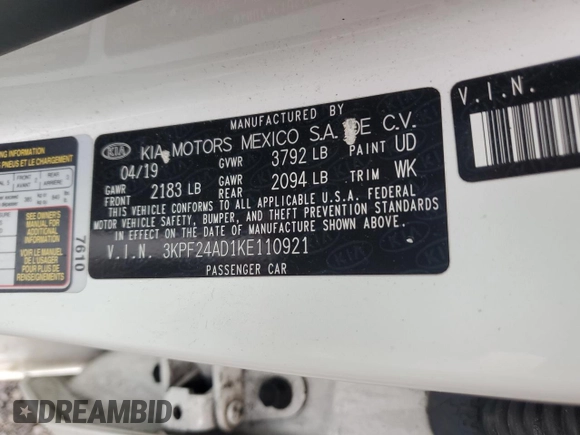 2019 Kia Forte LXS with VIN 3KPF24AD1KE110921, listed as a Copart auction lot 64051995 with 126,701 mi miles and Clean title. Bid and sale history available at DreamBid. Image 12.
