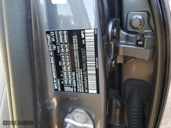 2022 Mercedes-Benz GLB with VIN W1N4M4GB7NW258257, listed as a Copart auction lot 84505304 with 44,438 mi miles and Salvage Title. Bid and sale history available at carsss.com. Image 12.