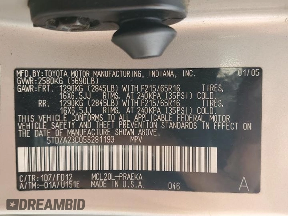 2005 Toyota Sienna CE с VIN 5TDZA23C05S281193, выставлен на аукционе Copart как лот 51330495 с пробегом 217 402 миль миль и Чистый • Clean title. История ставок и продаж доступна на DreamBid. Изображение 13.