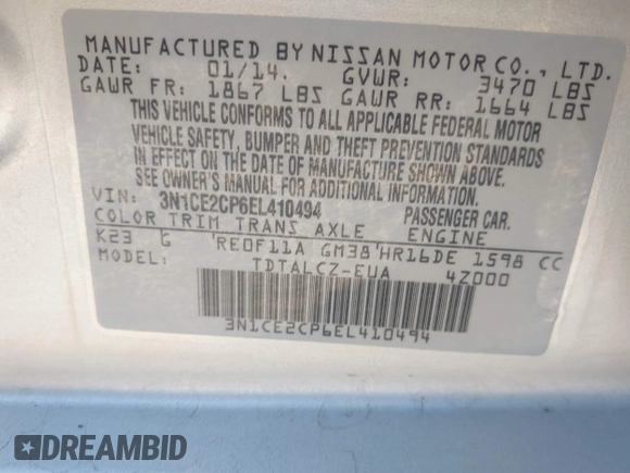 2014 Nissan Note S Plus with VIN 3N1CE2CP6EL410494, listed as a IAAI auction lot 42538850 with 72,746 mi miles and . Bid and sale history available at DreamBid. Image 9.