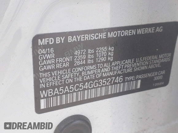 2016 BMW 5 Series 528i with VIN WBA5A5C54GG352746, listed as a IAAI auction lot 41706237 with 93,545 mi miles. Bid and sale history available at carsss.com. Image 9.