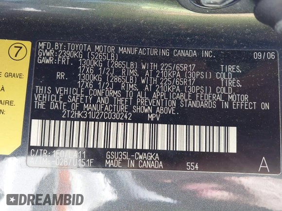 2007 Lexus RX 350 with VIN 2T2HK31U27C030242, listed as a IAAI auction lot 41978259 with 187,445 mi miles and . Bid and sale history available at DreamBid. Image 9.