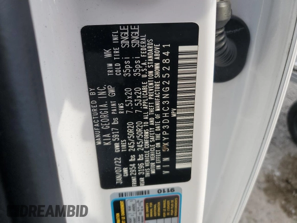 2022 Kia Telluride EX with VIN 5XYP3DHC3NG252841, listed as a Copart auction lot 81147994 with 50,481 mi miles and Salvage Title. Bid and sale history available at carsss.com. Image 14.