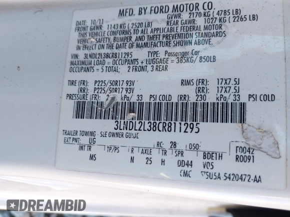 2012 Lincoln MKZ Hybrid with VIN 3LNDL2L38CR811295, listed as a IAAI auction lot 41386423 with 194,808 mi miles and . Bid and sale history available at DreamBid. Image 9.