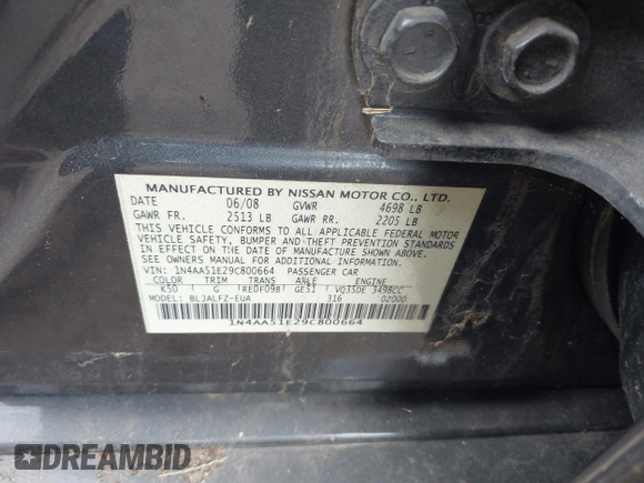 2009 Nissan Maxima SV with VIN 1N4AA51E29C800664, listed as a IAAI auction lot 42164024 with Not Provided miles and . Bid and sale history available at DreamBid. Image 9.