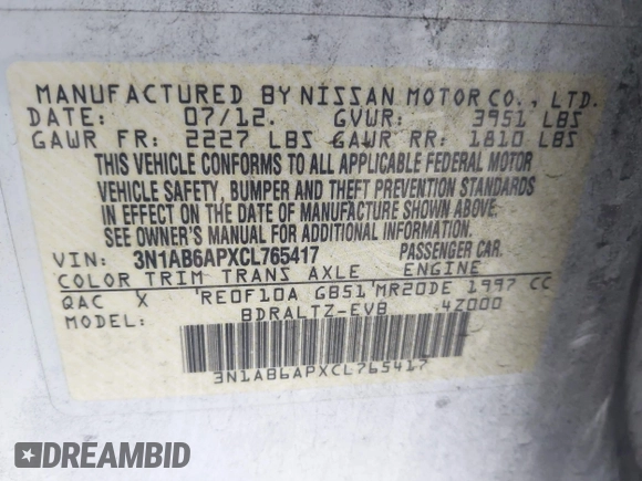 2012 Nissan Sentra S with VIN 3N1AB6APXCL765417, listed as a IAAI auction lot 42184288 with 179,550 mi miles and . Bid and sale history available at DreamBid. Image 9.