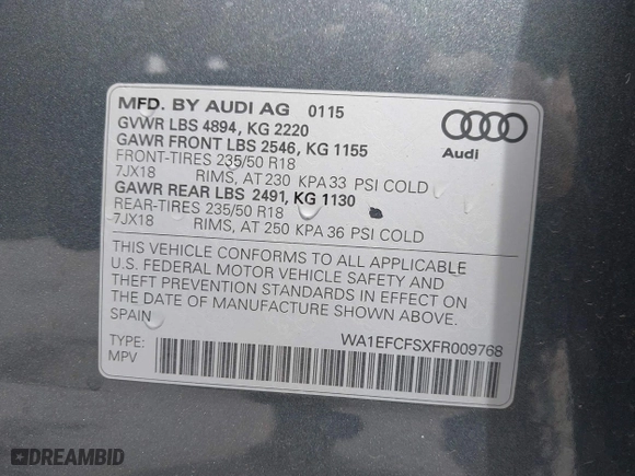 2015 Audi Q3 2.0T Premium Plus with VIN WA1EFCFSXFR009768, listed as a IAAI auction lot 41974476 with 53,013 mi miles. Bid and sale history available at carsss.com. Image 9.