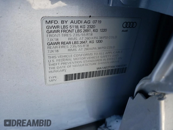 2019 Audi Q3 Premium with VIN WA1AECF35K1083330, listed as a Copart auction lot 87801965 with 0 mi miles and Salvage Title. Bid and sale history available at carsss.com. Image 15.