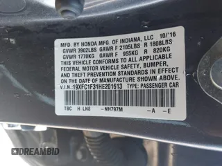 2017 Honda Civic EX-T with VIN 19XFC1F31HE201613, listed as a IAAI auction lot 41805398 with 170,814 mi miles. Bid and sale history available at carsss.com. Image 9.