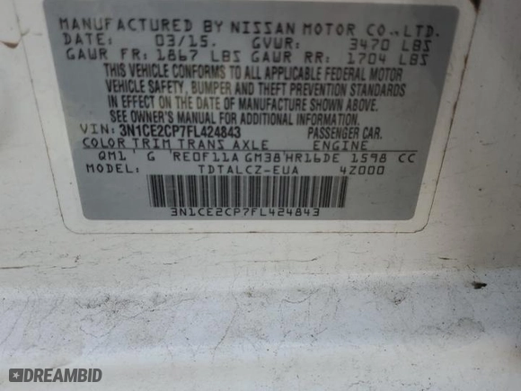 2015 Nissan Versa Note S Plus with VIN 3N1CE2CP7FL424843, listed as a Copart auction lot 49401255 with 139,177 mi miles and Clean Title. Bid and sale history available at carsss.com. Image 12.