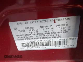 2006 Mazda 3 S Sport with VIN JM1BK144961543839, listed as a IAAI auction lot 41139689 with 258,409 mi miles and . Bid and sale history available at DreamBid. Image 9.