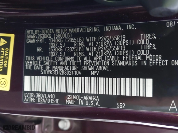 2011 Toyota Highlander Limited with VIN 5TDYK3EH2BS024104, listed as a IAAI auction lot 40974692 with 438,182 mi miles. Bid and sale history available at carsss.com. Image 9.