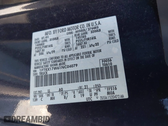 2001 Ford F-150 XL with VIN 1FTRX17W61NC04079, listed as a IAAI auction lot 41821705 with 174,011 mi miles and . Bid and sale history available at DreamBid. Image 9.