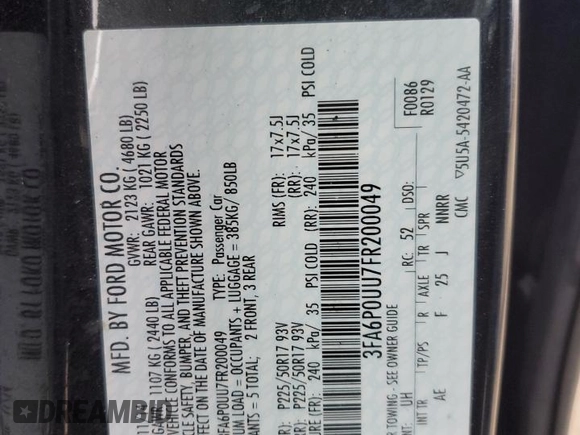 2015 Ford Fusion S Hybrid with VIN 3FA6P0UU7FR200049, listed as a Copart auction lot 44053695 with 108,914 mi miles and Salvage Title. Bid and sale history available at carsss.com. Image 14.