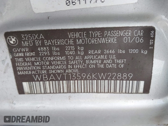 2006 BMW 3 Series 325xi with VIN WBAVT13596KW22889, listed as a IAAI auction lot 42343685 with 95,862 mi miles and . Bid and sale history available at DreamBid. Image 9.