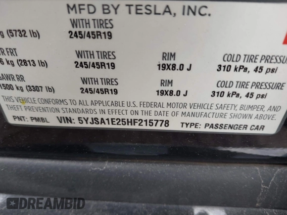 2017 Tesla Model S 100D with VIN 5YJSA1E25HF215778, listed as a IAAI auction lot 41692605 with Not Provided miles and . Bid and sale history available at DreamBid. Image 9.