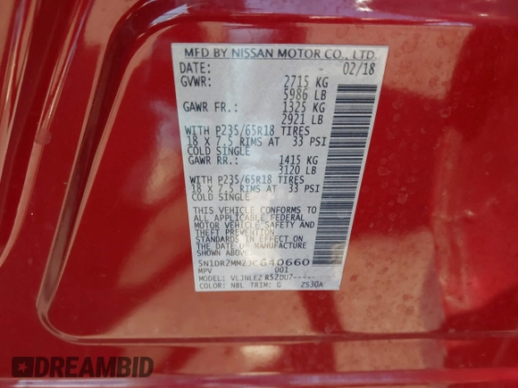2018 Nissan Pathfinder SV with VIN 5N1DR2MM2JC640660, listed as a IAAI auction lot 41755834 with 76,801 mi miles and . Bid and sale history available at DreamBid. Image 9.