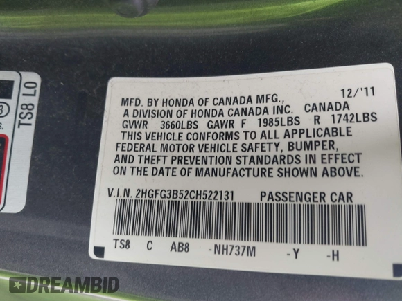 2012 Honda Civic Cpe LX with VIN 2HGFG3B52CH522131, listed as a IAAI auction lot 42071860 with 172,902 mi miles. Bid and sale history available at carsss.com. Image 9.