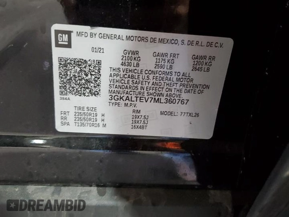 2021 GMC Terrain SLE z VIN 3GKALTEV7ML360767, wystawiony jako Copart lot #55701895 z przebiegiem 46 500 mil mil oraz Szkoda całkowita • Salvage title. Historia ofert i sprzedaży dostępna na DreamBid. Obrazek 12.