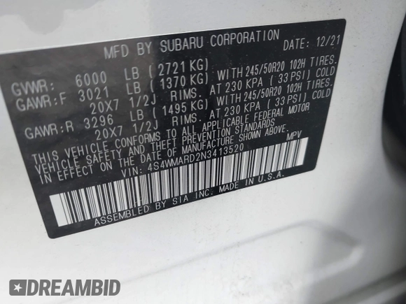 2022 Subaru Ascent Touring z VIN 4S4WMARD2N3413520, wystawiony jako IAAI lot #42216028 z przebiegiem 73 482 mil mil oraz . Historia ofert i sprzedaży dostępna na DreamBid. Obrazek 9.