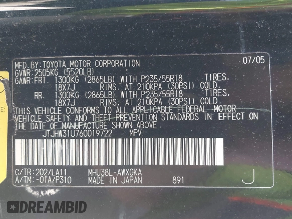 2006 Lexus RX 400h with VIN JTJHW31U760019722, listed as a IAAI auction lot 42117438 with 173,410 mi miles and . Bid and sale history available at DreamBid. Image 9.