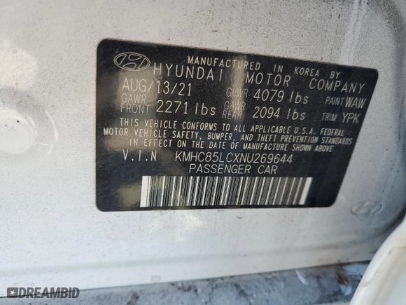 2022 Hyundai Ioniq Hybrid SEL with VIN KMHC85LCXNU269644, listed as a Copart auction lot 44028585 with 13,627 mi miles and Salvage Title. Bid and sale history available at carsss.com. Image 12.