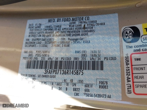 2006 Ford Fusion SE with VIN 3FAFP07136R145875, listed as a IAAI auction lot 42002046 with 67,247 mi miles. Bid and sale history available at carsss.com. Image 9.
