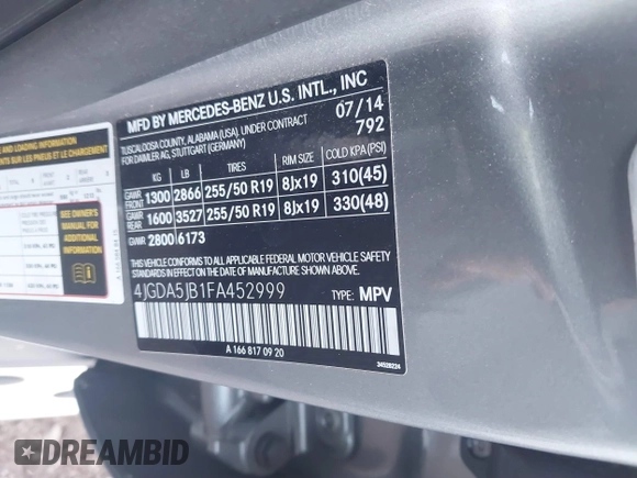 2015 Mercedes-Benz M 350 with VIN 4JGDA5JB1FA452999, listed as a IAAI auction lot 41100935 with 52,636 mi miles and . Bid and sale history available at DreamBid. Image 9.