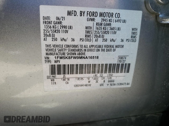 2021 Ford Explorer Limited с VIN 1FM5K8FW9MNA16518, выставлен на аукционе Copart как лот 55817955 с пробегом 53 376 миль миль и Списание • Salvage title. История ставок и продаж доступна на DreamBid. Изображение 13.
