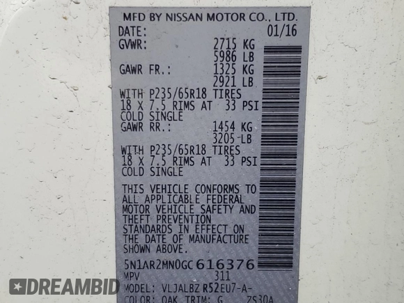 2016 Nissan Pathfinder S with VIN 5N1AR2MN0GC616376, listed as a Copart auction lot 57779555 with 150,896 mi miles and Salvage title. Bid and sale history available at DreamBid. Image 13.