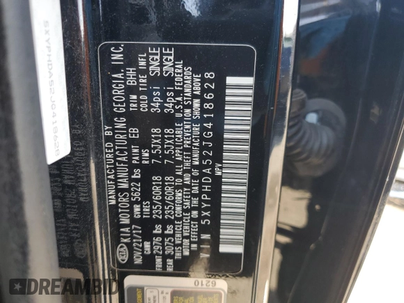 2018 Kia Sorento EX with VIN 5XYPHDA52JG418628, listed as a Copart auction lot 53713965 with 105,819 mi miles and Non repairable. Bid and sale history available at DreamBid. Image 14.