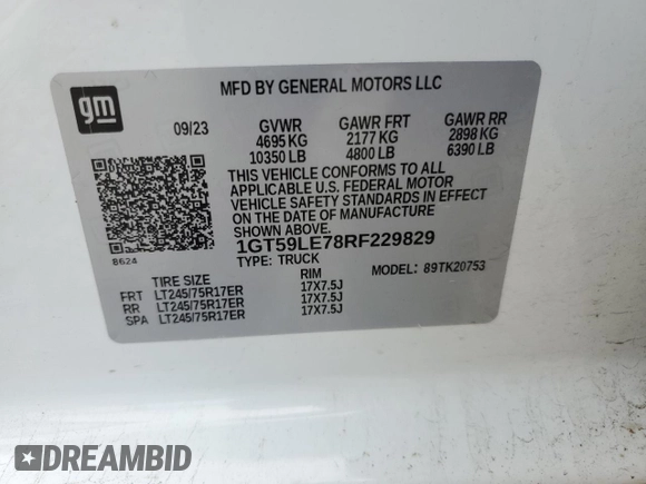 2024 GMC Sierra 2500HD Pro с VIN 1GT59LE78RF229829, выставлен на аукционе Copart как лот 61135885 с пробегом 43 985 миль миль и Списание • Salvage title. История ставок и продаж доступна на DreamBid. Изображение 12.