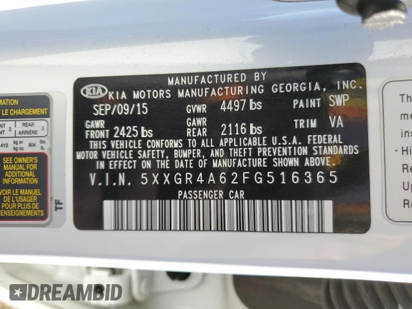 2015 Kia Optima SXL Turbo with VIN 5XXGR4A62FG516365, listed as a Copart auction lot 47615985 with 133,789 mi miles and Salvage Title. Bid and sale history available at DreamBid. Image 12.