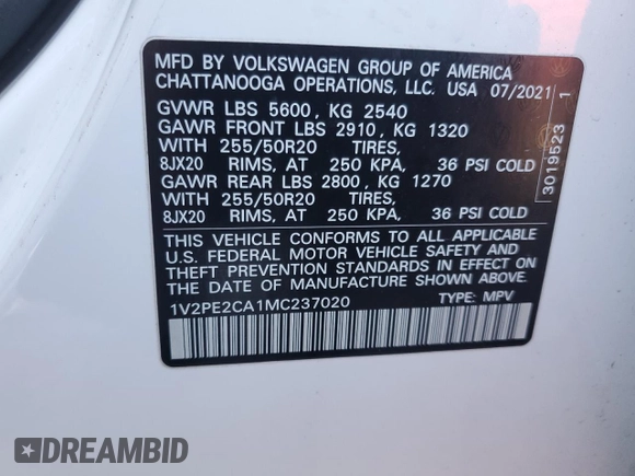 2021 Volkswagen Atlas SE with VIN 1V2PE2CA1MC237020, listed as a Copart auction lot 52083335 with 45,978 mi miles and Salvage title. Bid and sale history available at DreamBid. Image 15.