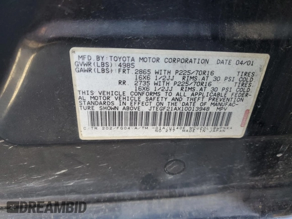 2001 Toyota Highlander with VIN JTEGF21AX10013948, listed as a Copart auction lot 46531415 with 198,072 mi miles and Salvage title. Bid and sale history available at DreamBid. Image 15.