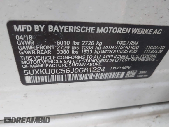 2018 BMW X6 sDrive35i with VIN 5UXKU0C56J0G81224, listed as a IAAI auction lot 41734077 with 121,145 mi miles. Bid and sale history available at carsss.com. Image 9.