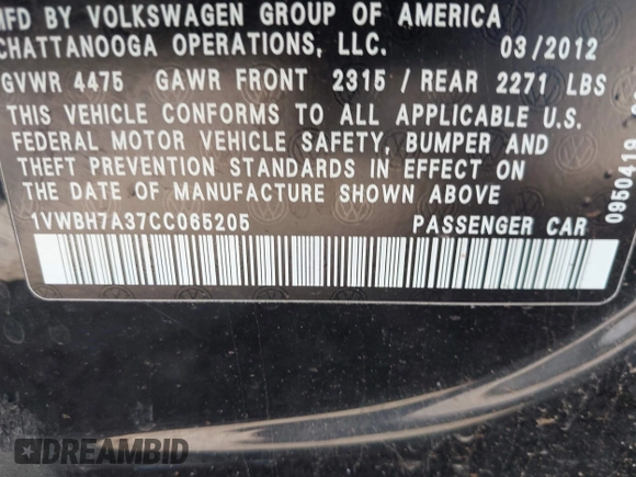2012 Volkswagen Passat SE z VIN 1VWBH7A37CC065205, wystawiony jako IAAI lot #41977813 z przebiegiem Nie podano mil oraz . Historia ofert i sprzedaży dostępna na DreamBid. Obrazek 9.