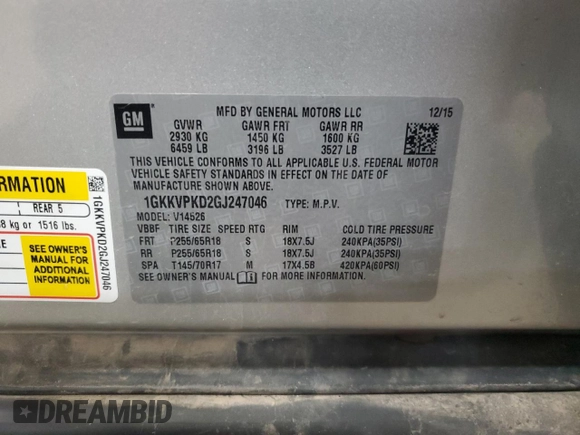 2016 GMC Acadia SLE with VIN 1GKKVPKD2GJ247046, listed as a Copart auction lot 55112015 with 141,407 mi miles and Salvage title. Bid and sale history available at DreamBid. Image 13.