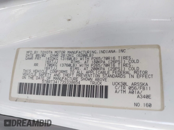 2003 Toyota Tundra SR5 with VIN 5TBRT34173S338654, listed as a IAAI auction lot 41670420 with Not Provided miles and . Bid and sale history available at DreamBid. Image 9.