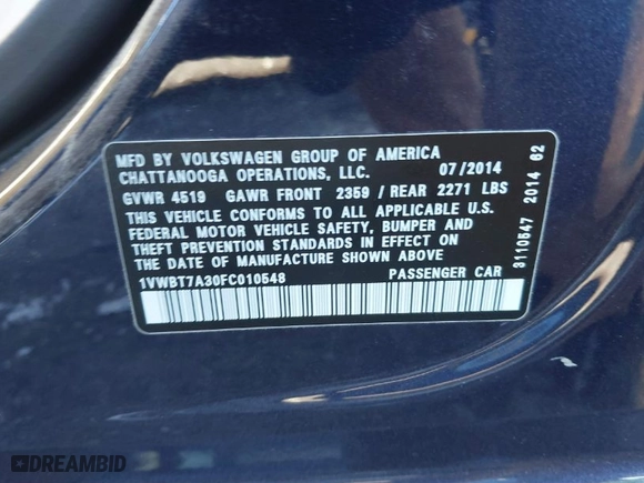 2015 Volkswagen Passat 1.8T SE w/Sunroof & Nav with VIN 1VWBT7A30FC010548, listed as a IAAI auction lot 41363214 with 80,284 mi miles. Bid and sale history available at carsss.com. Image 9.