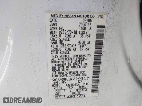 2006 Nissan Armada LE z VIN 5N1AA08B36N729317, wystawiony jako IAAI lot #41228460 z przebiegiem 211 711 mil mil oraz . Historia ofert i sprzedaży dostępna na DreamBid. Obrazek 9.