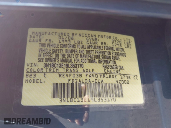 2009 Nissan Versa S z VIN 3N1BC13E19L353170, wystawiony jako IAAI lot #41493381 z przebiegiem 135 765 mil mil oraz . Historia ofert i sprzedaży dostępna na DreamBid. Obrazek 9.