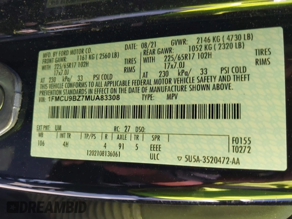 2021 Ford Escape SE Hybrid z VIN 1FMCU9BZ7MUA83308, wystawiony jako IAAI lot #42306765 z przebiegiem 33 719 mil mil oraz . Historia ofert i sprzedaży dostępna na DreamBid. Obrazek 9.
