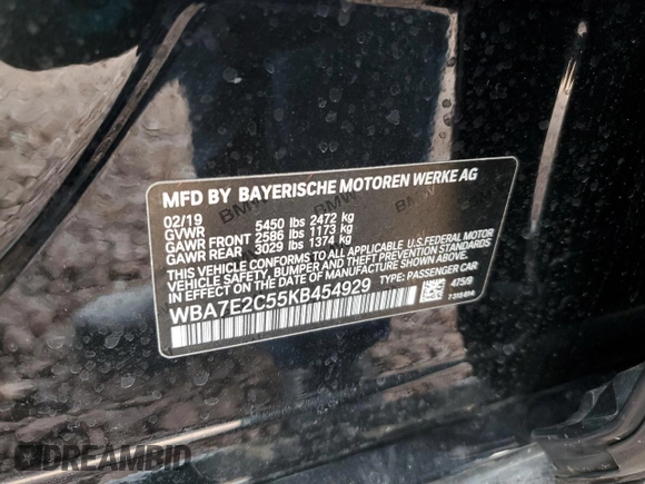 2019 BMW 7 Series 740i с VIN WBA7E2C55KB454929, выставлен на аукционе Copart как лот 49166235 с пробегом 57 051 миль миль и Списание • Salvage title. История ставок и продаж доступна на DreamBid. Изображение 12.