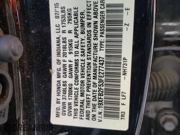 2015 Honda Civic Sedan LX with VIN 19XFB2F53FE277437, listed as a Copart auction lot 51210605 with 98,548 mi miles and Salvage Title. Bid and sale history available at carsss.com. Image 12.