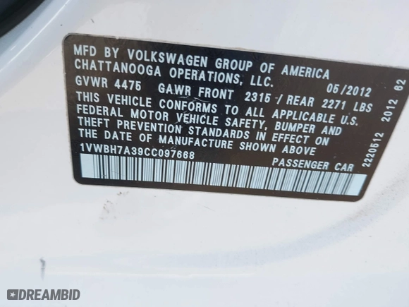 2012 Volkswagen Passat SE w/Sunroof with VIN 1VWBH7A39CC097668, listed as a IAAI auction lot 42100044 with 126,637 mi miles. Bid and sale history available at carsss.com. Image 9.